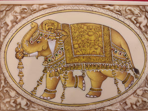 HandPainted Elephant Carved Carving Miniature Painting Art Synthetic Gold Ivory - ArtUdaipur