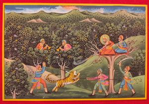 Hand Painted Mughal Hunting Scene Tiger Miniature Painting India Artwork - ArtUdaipur