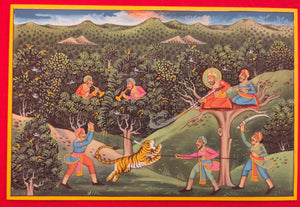 Hand Painted Mughal Hunting Scene Tiger Miniature Painting India Artwork - ArtUdaipur